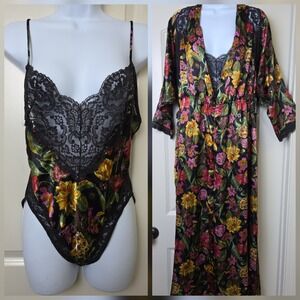 Vtg 1980s Vanity Fair Floral Shiny Satin Set Bodysuit Robe Glossy Lace Size M 34